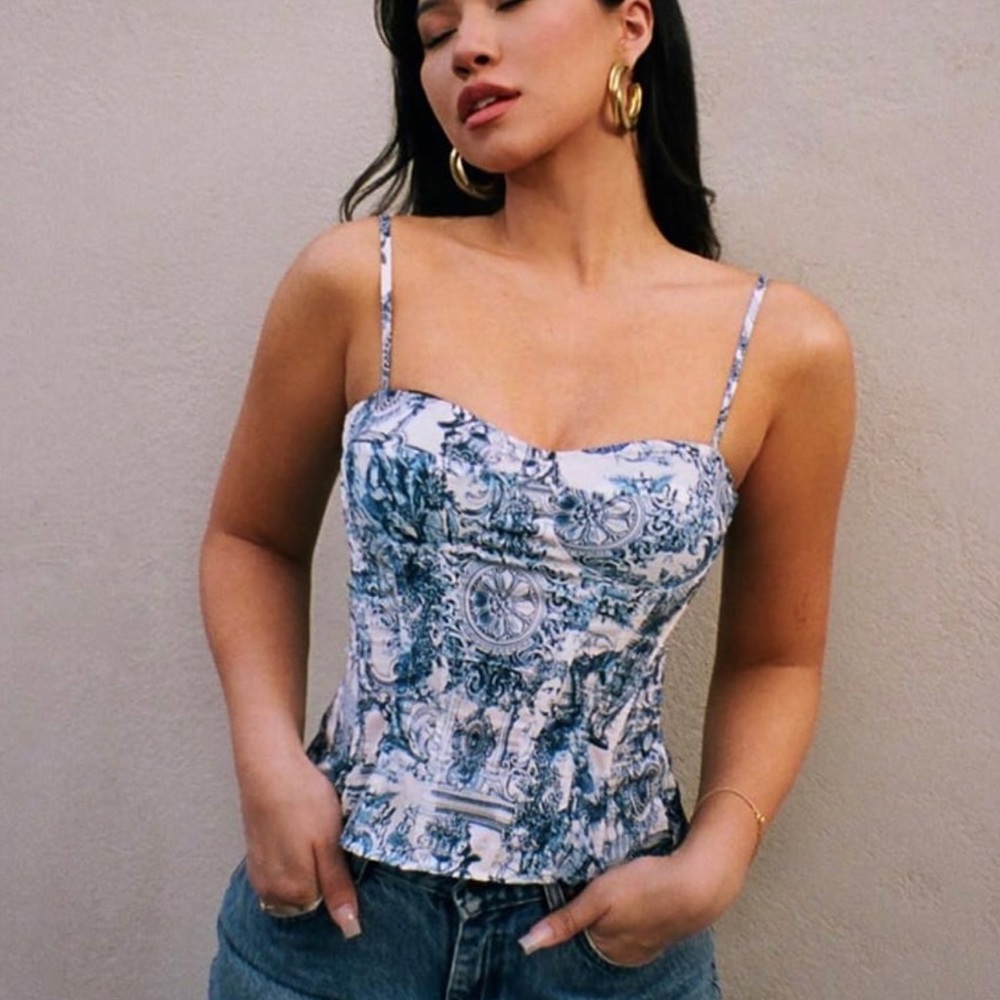 NWT PLT blue renaissance print structured corset top in size 2